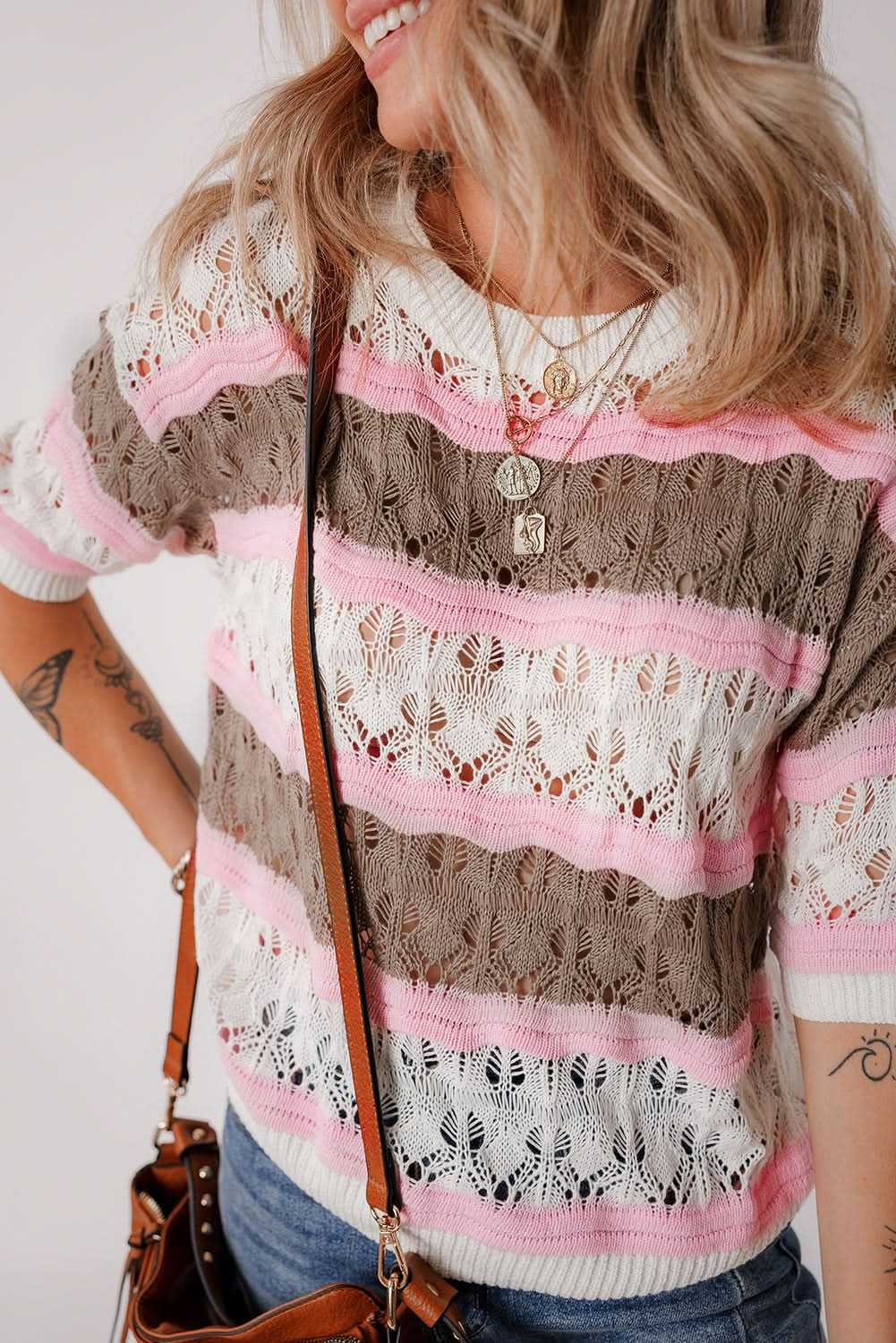 Elegant brown striped crochet sweater - Love Salve